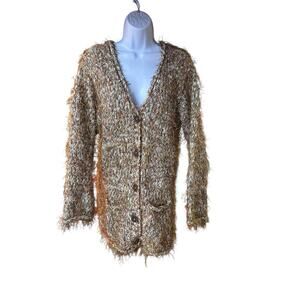 Varon Eyelash Knit Artisanal Cardigan Boho Textured Hand Loomed Multi Color Y2K